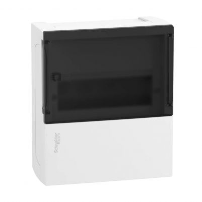 Enclosure, Resi9 MP, surface mounting, 1 row of 8 modules, IP40, smoked door, 1 earth + 1 neutral terminal blocks