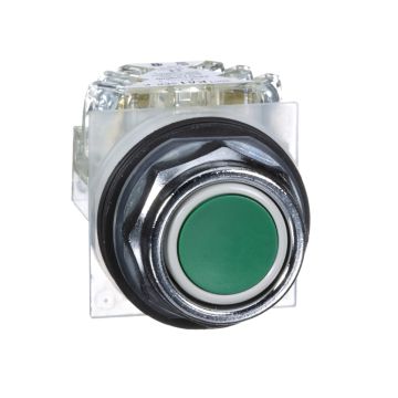 Push button- Harmony 9001K- metal- flush- green- 30mm- spring return- 1 C/O
