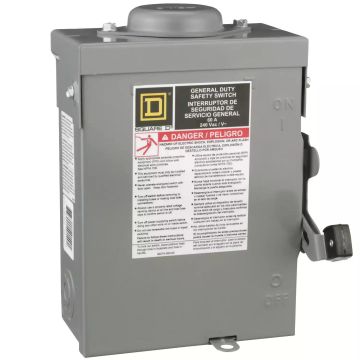 Safety switch, general duty, non fusible, 60A, 2 poles, 10 hp, 240 VAC, NEMA 3R, bolt-on provision