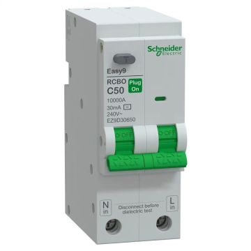Residual current breaker with overcurrent protection -RCBO), Easy9 Plug-On, 1P+N, 50A, C curve, 10000A, AC type, 30mA