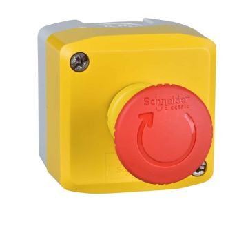 Harmony XALD, XALK, Control station, plastic, yellow lid, 1 red mushroom push button Ã˜40, turn to release, 1 NC