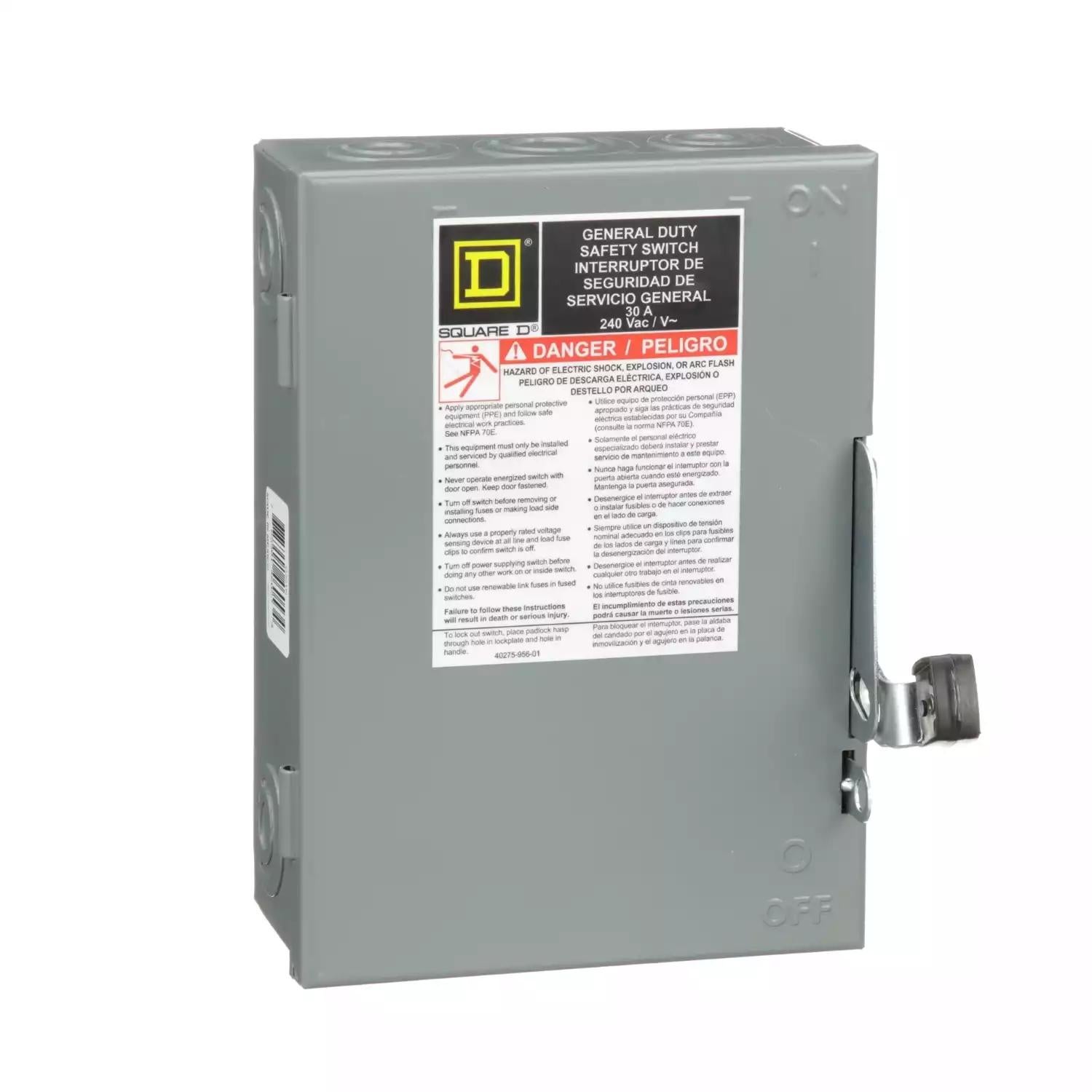 Safety switch, general duty, fusible, 30A, 2 poles, 7.5 hp, 120 VAC, NEMA 1, neutral factory installed