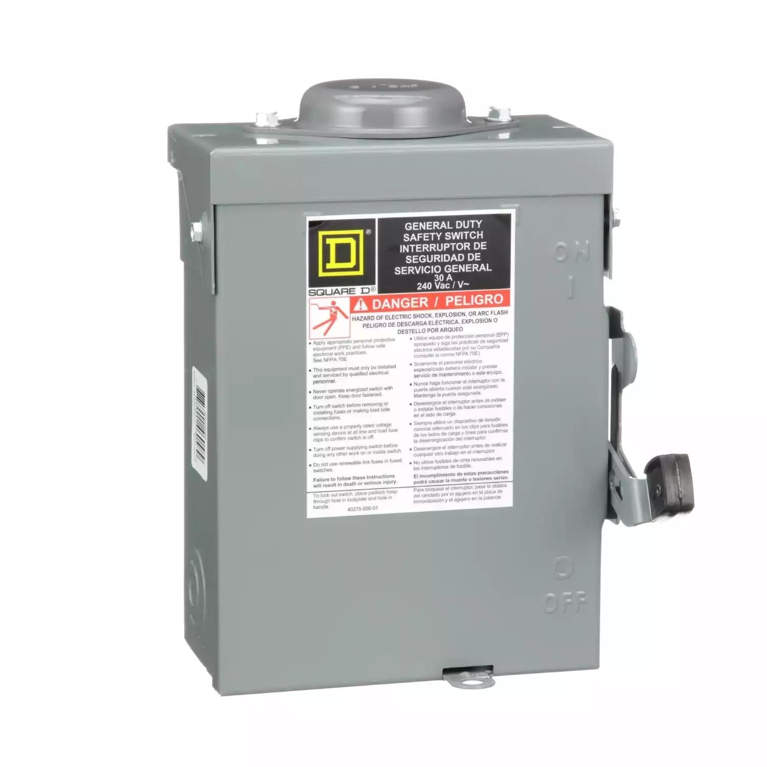 Safety switch, general duty, fusible, 30A, 2 poles, 7.5 hp, 120 VAC, NEMA 3R, bolt-on provision, neutral factory installed