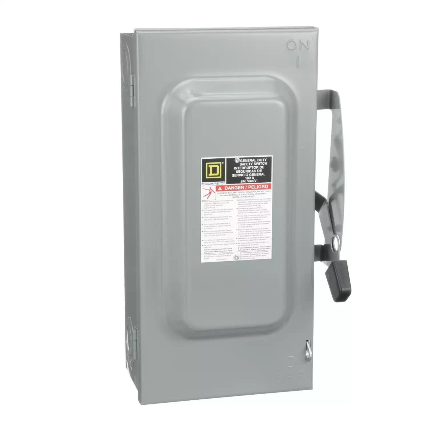 Safety switch, general duty, fusible, 100A, 2 poles, 30 hp, 120 VAC, NEMA 1, neutral factory installed