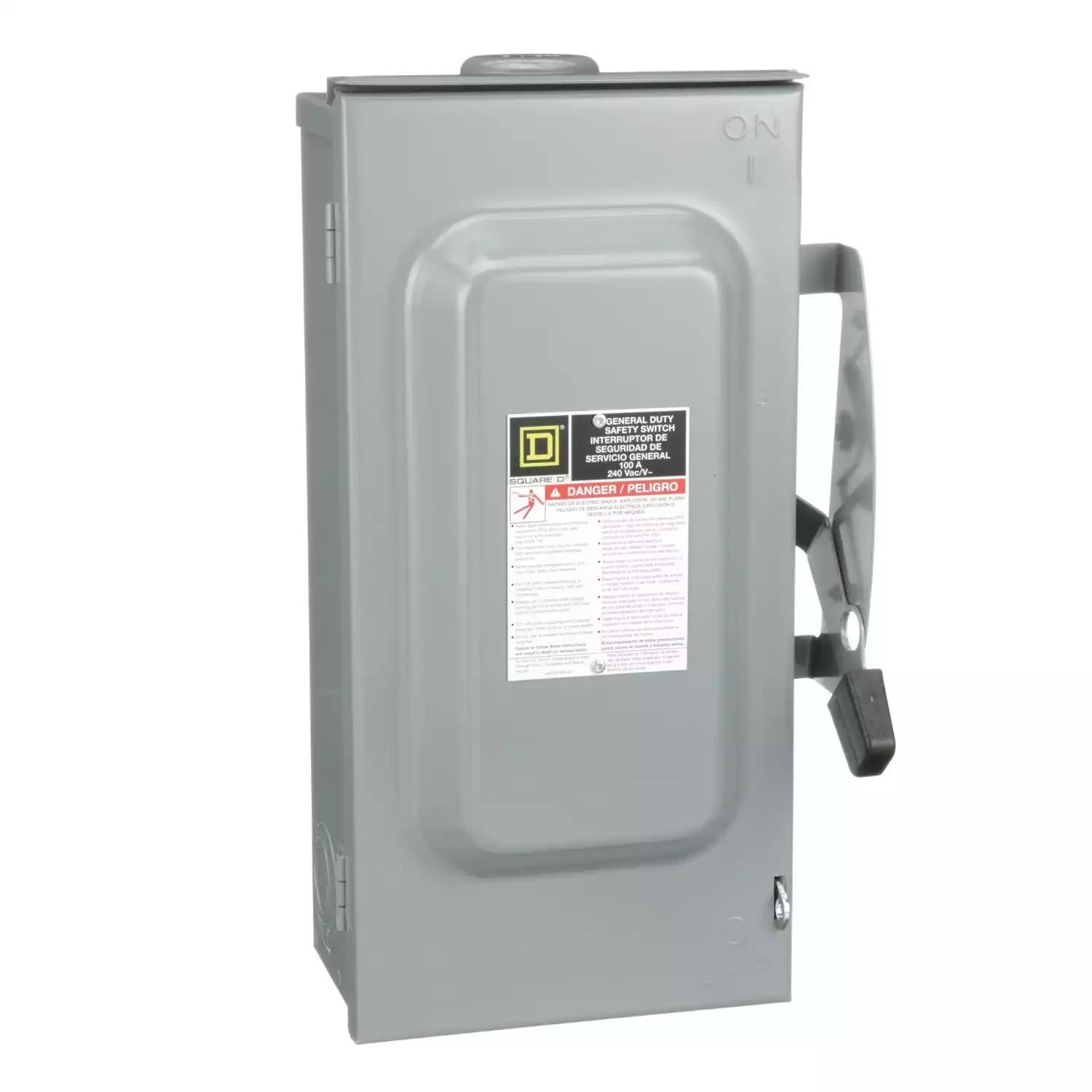 Safety switch, general duty, fusible, 100A, 3 wire, 2 poles, 1 neutral, 30hp, 240VAC, Type 3R, bolt on hub provision