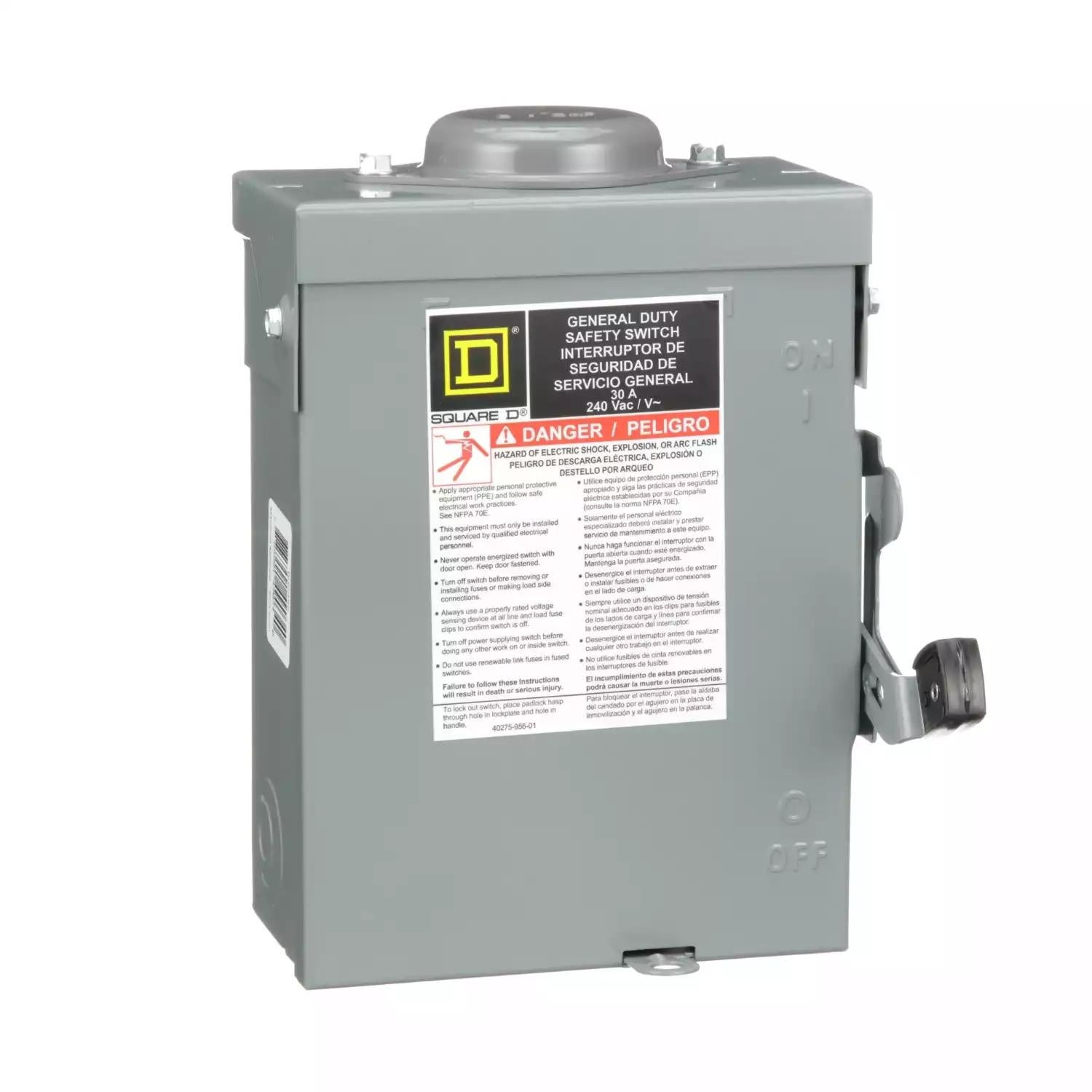 Safety switch, general duty, non fusible, 30A, 2 poles, 3 hp, 240 VAC, NEMA 3R, bolt-on provision