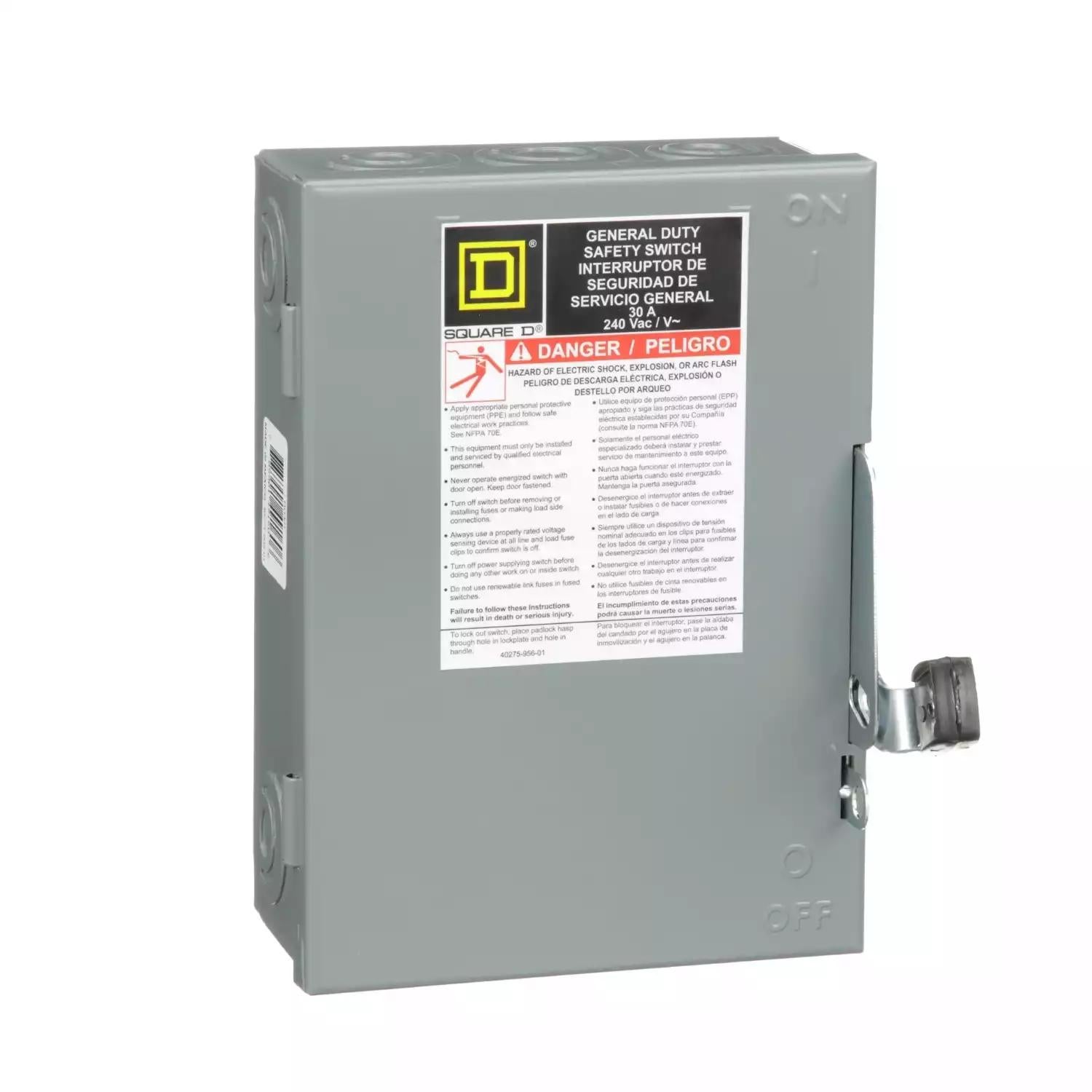 Safety switch, general duty, non fusible, 30A, 3 wire, 3 poles, 7.5hp, 240VAC, Type 1