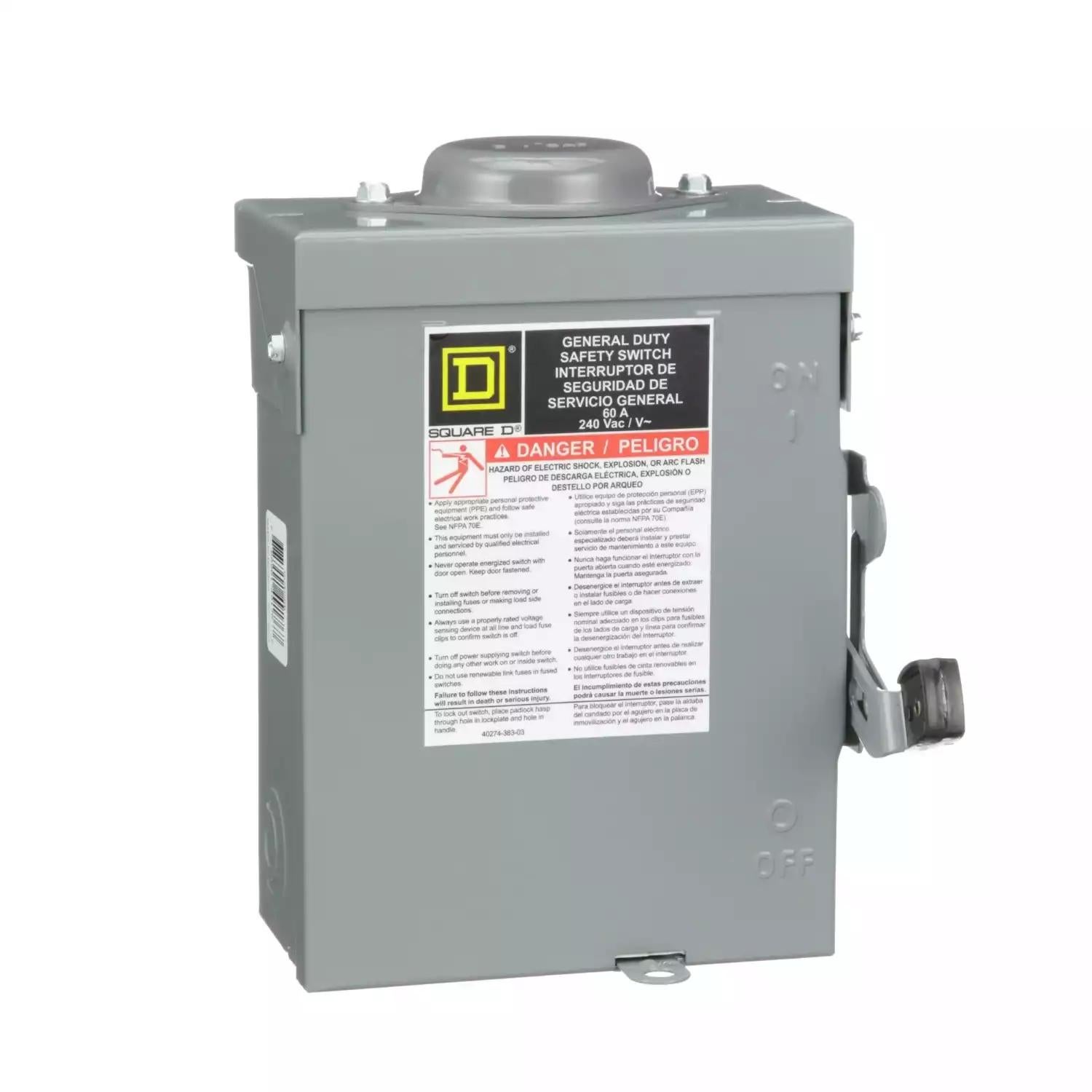 Safety switch, general duty, non fusible, 60A, 3 wire, 3 poles, 15hp, 240VAC, Type 3R, bolt on hub provision