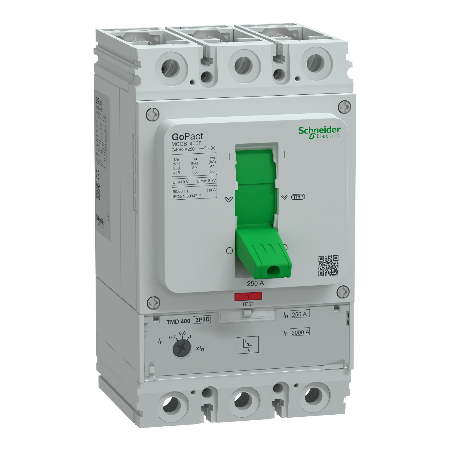Circuit breaker, GoPact MCCB 400, 3 poles, 36kA at 415VAC, 250A rating, TMD trip unit, adjustable thermal protection