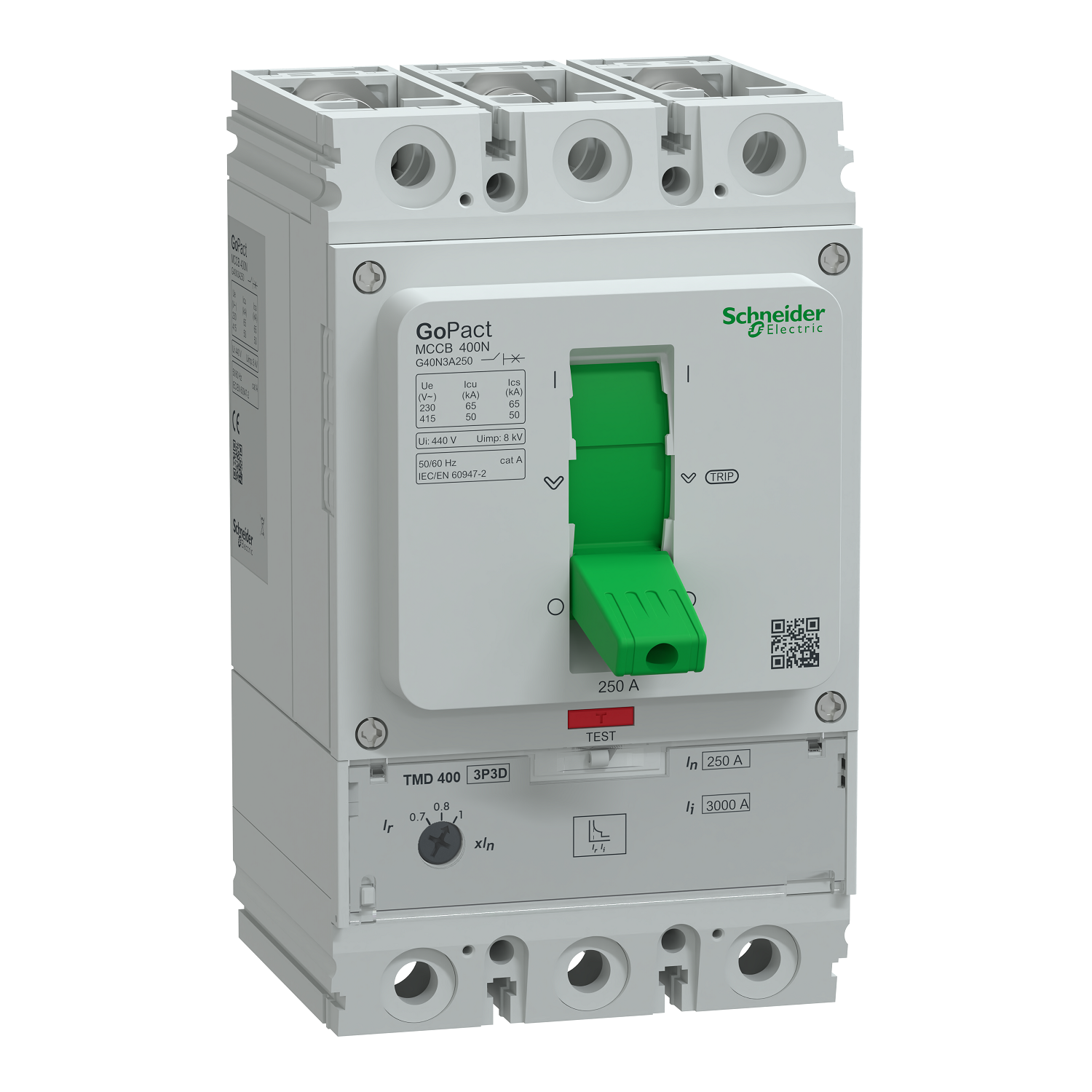 Circuit breaker, GoPact MCCB 400, 3 poles, 50kA at 415VAC, 250A rating, TMD trip unit, adjustable thermal protection