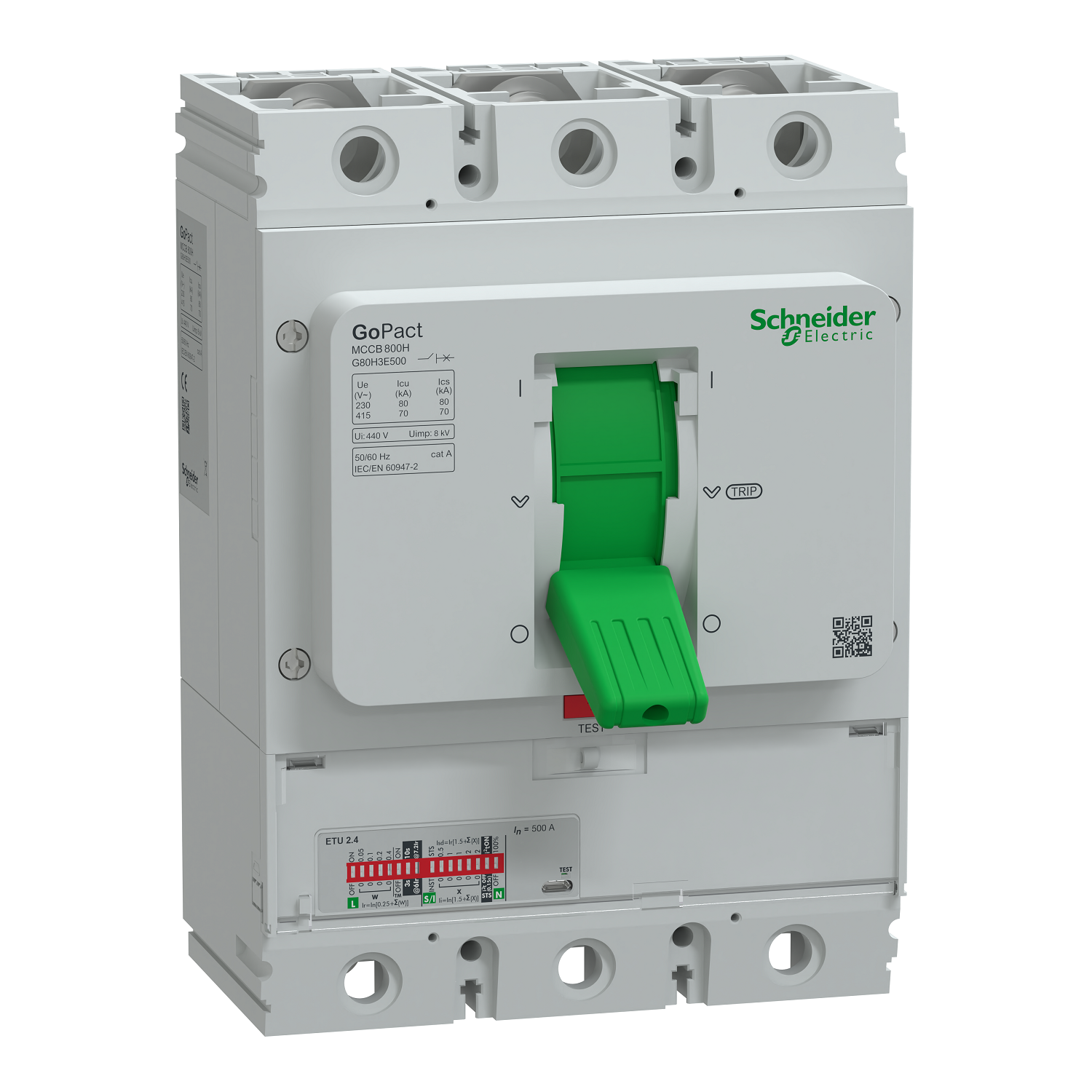 Circuit breaker, GoPact MCCB 800, 3 poles, 70kA at 415VAC, 500A rating, ETU trip unit, adjustable thermal protection