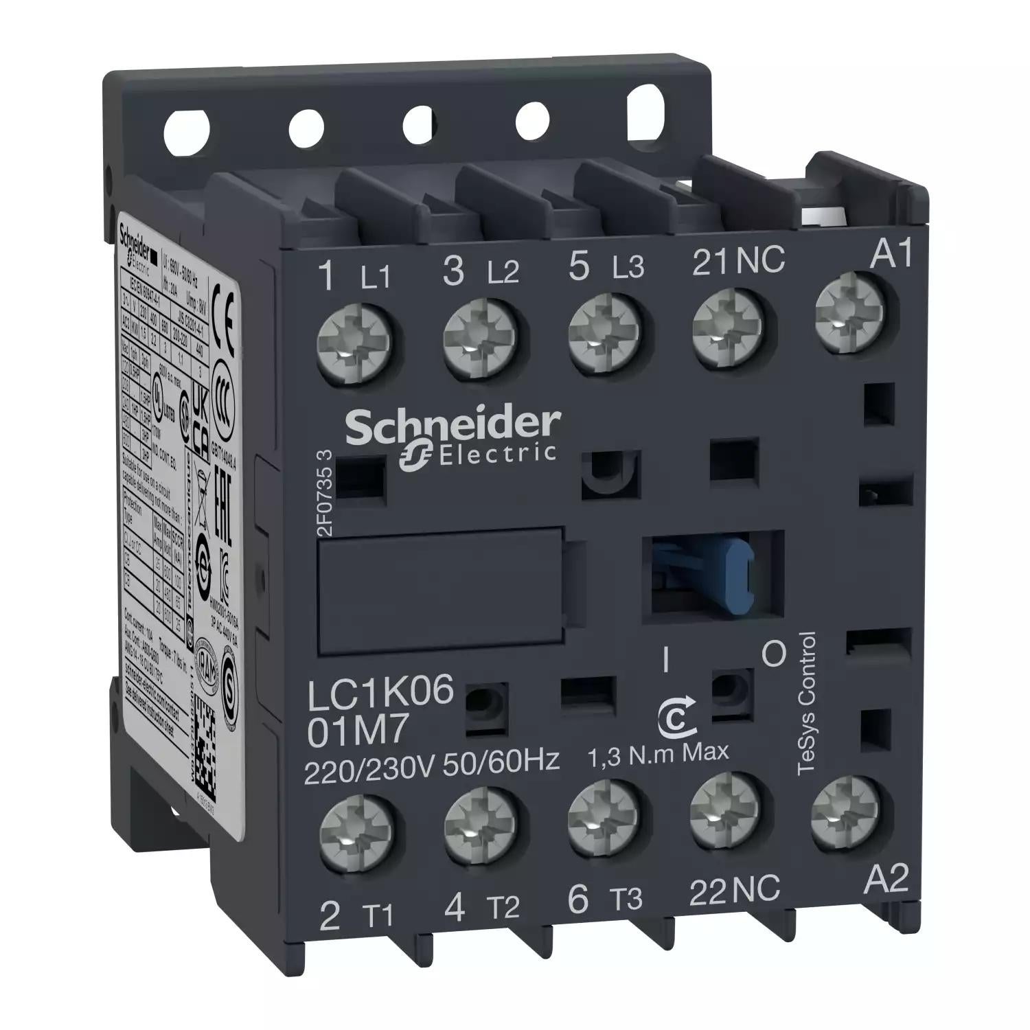 TeSys K contactor, 3P, AC-3 440V 6 A, 1NC aux., 220...230V AC coil, standard
