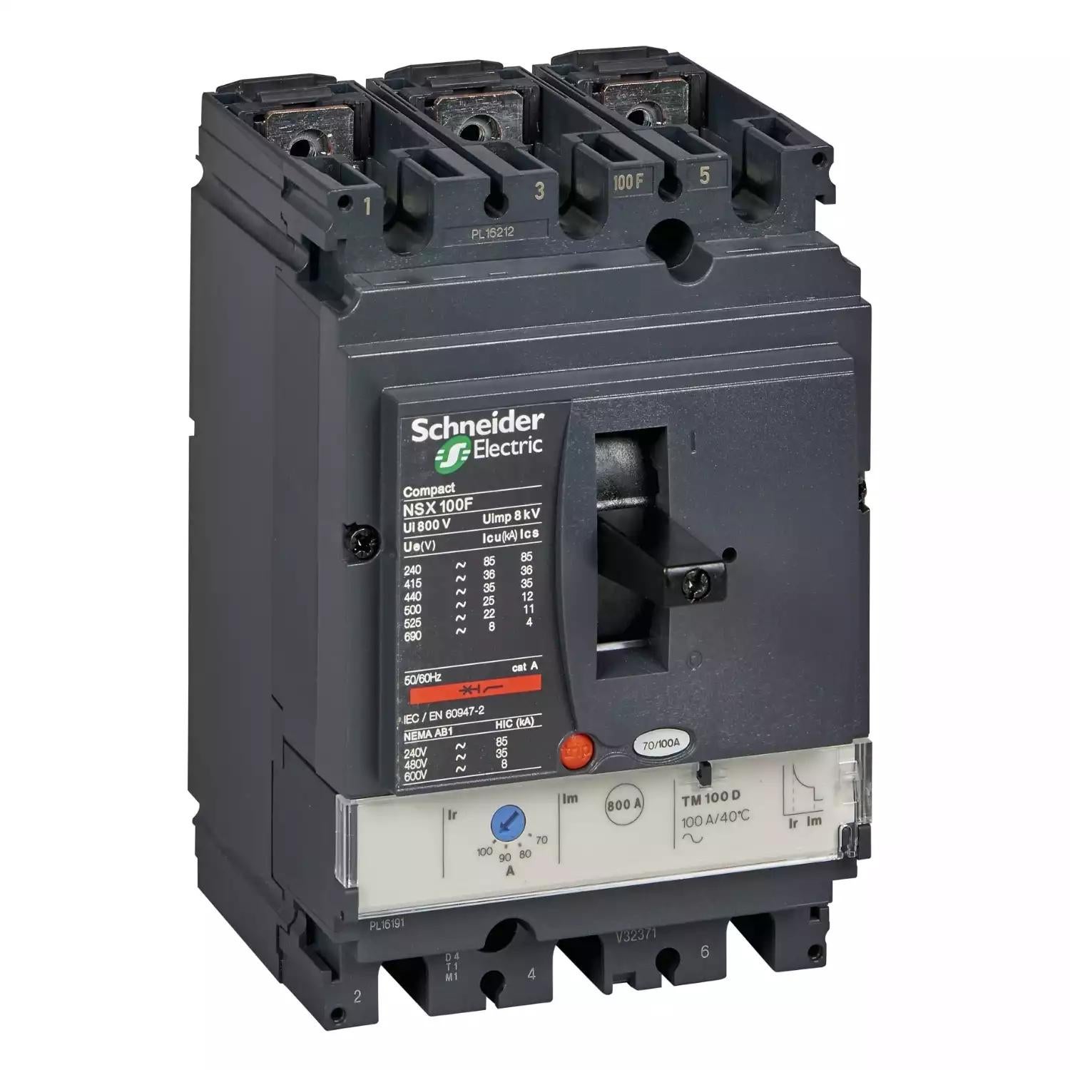 Circuit breaker ComPact NSX100F, 36kA at 415VAC, TMD trip unit 100A, 3 poles 3d