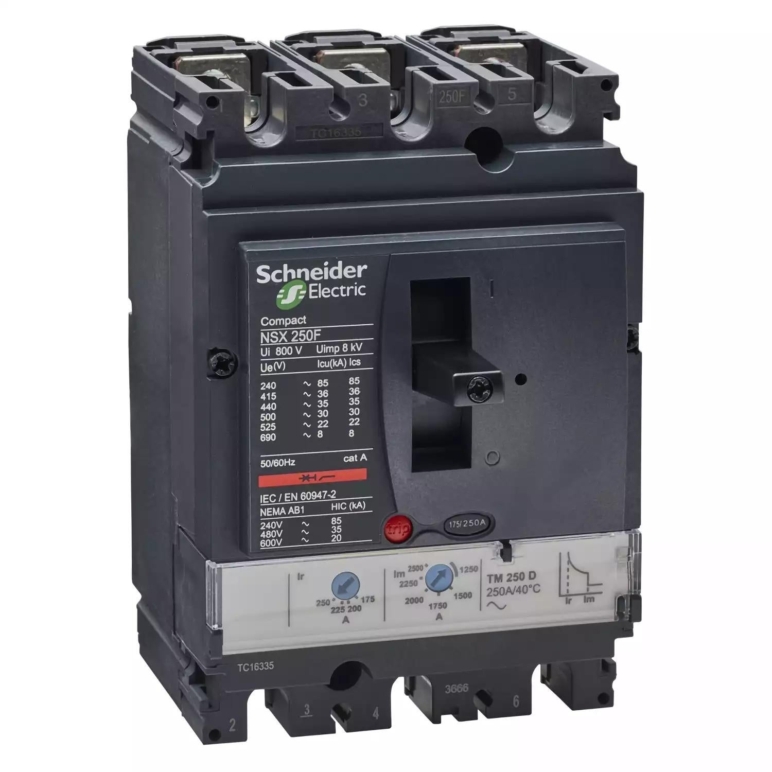 Circuit breaker ComPact NSX250F, 36kA at 415VAC, TMD trip unit 250A, 3 poles 3d