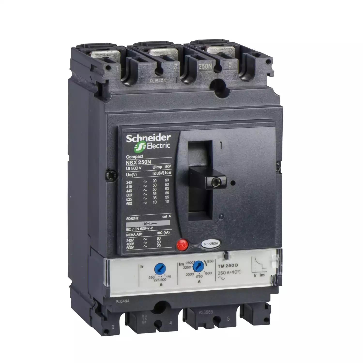 Circuit breaker ComPact NSX250N, 50kA at 415VAC, TMD trip unit 250A, 3 poles 3d
