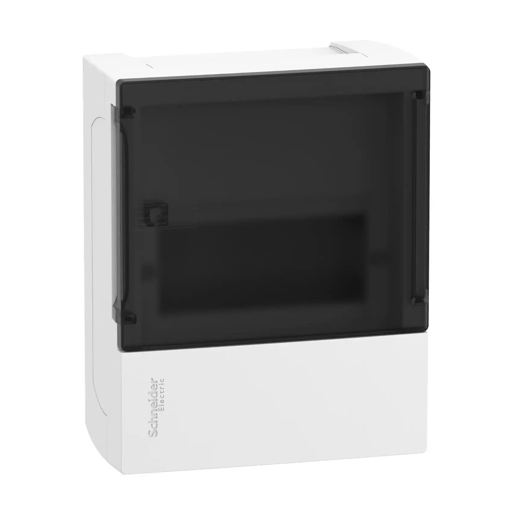 Enclosure, Resi9 MP, surface mounting, 1 row of 6 modules, IP40, smoked door, 1 earth + 1 neutral terminal blocks