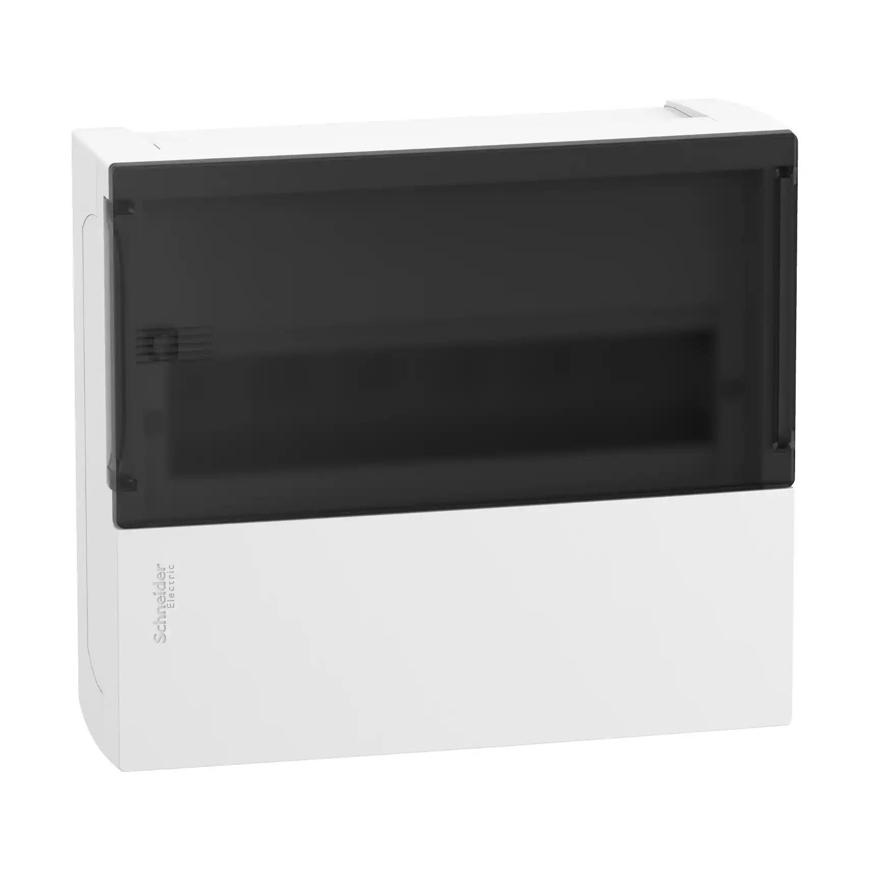 Enclosure, Resi9 MP, surface mounting, 1 row of 12 modules, IP40, smoked door, 1 earth + 1 neutral terminal blocks