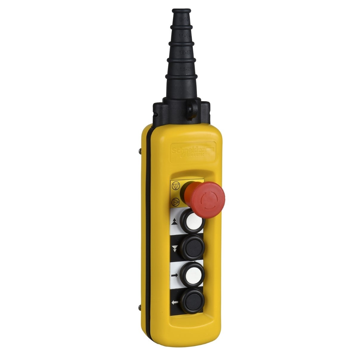 Pendant control station, Harmony XAC, plastic, yellow, 2 push buttons 2NO + 1NC, 2 push buttons with 1NO, 1 emergency stop trigger action 3NC