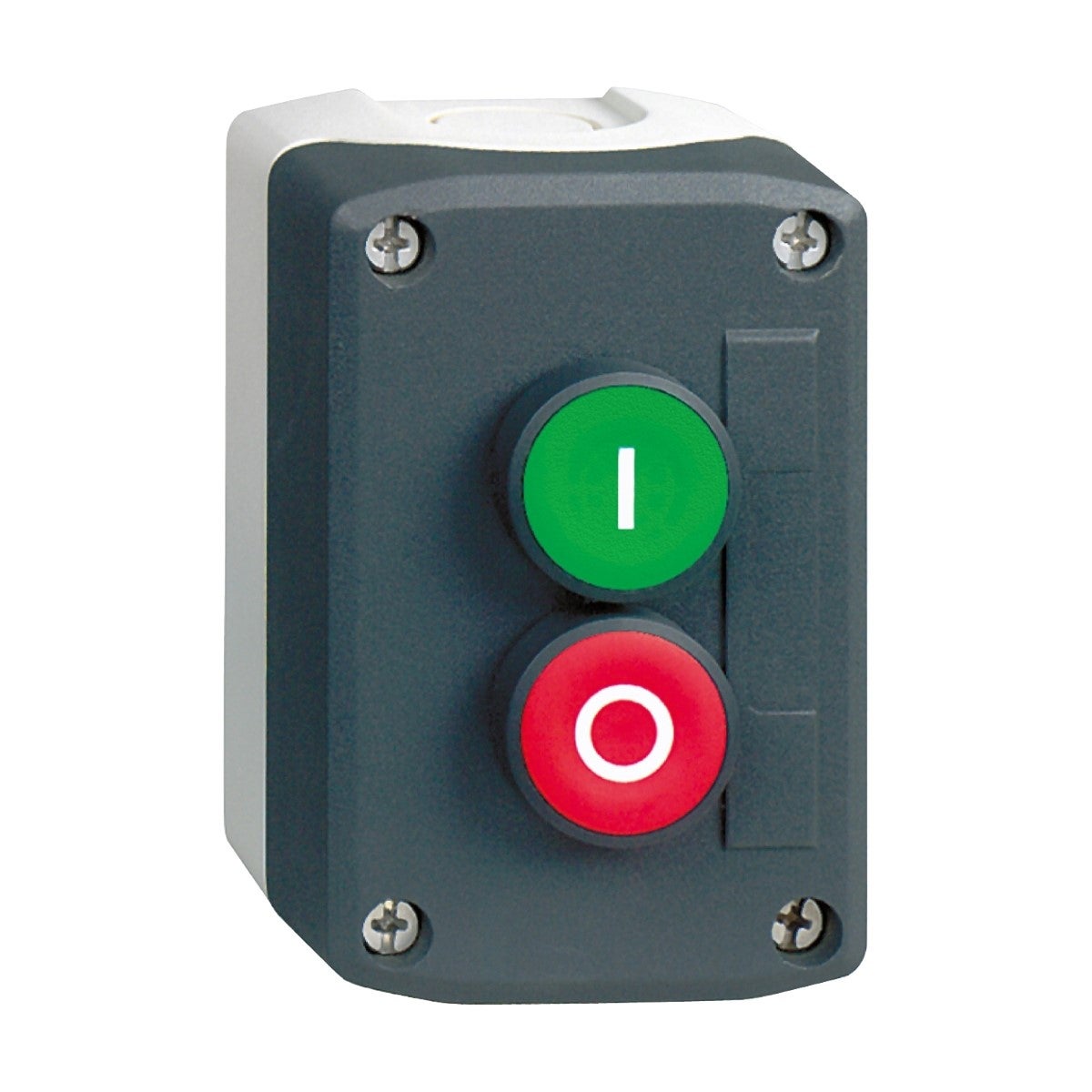 Harmony XALD, XALK, Control station, plastic, dark grey lid, 2 flush push buttons Ø22, marked I O, 1 NO + 1 NC