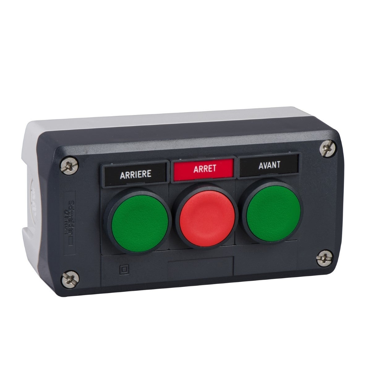 complete control station, Harmony XALD, dark grey, 2 green and 1 red flush pushbuttons 22 mm