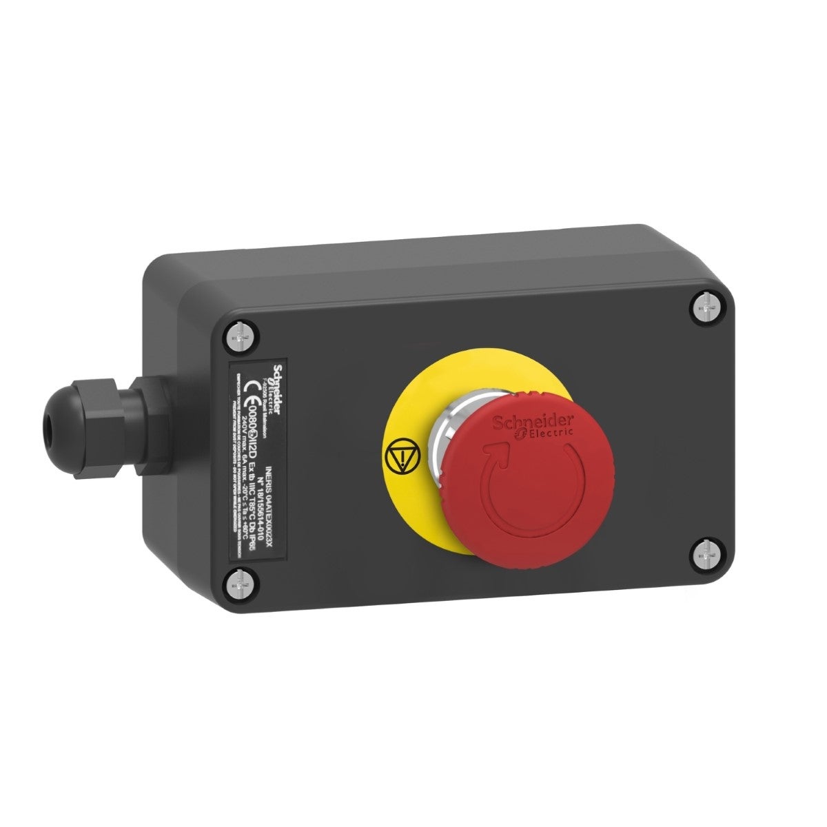 Control station, Harmony XAW, metal with fiberglass, emergency stop function, turn to release, 1 red mushroom 40mm, 1NC + 1NC, ATEX