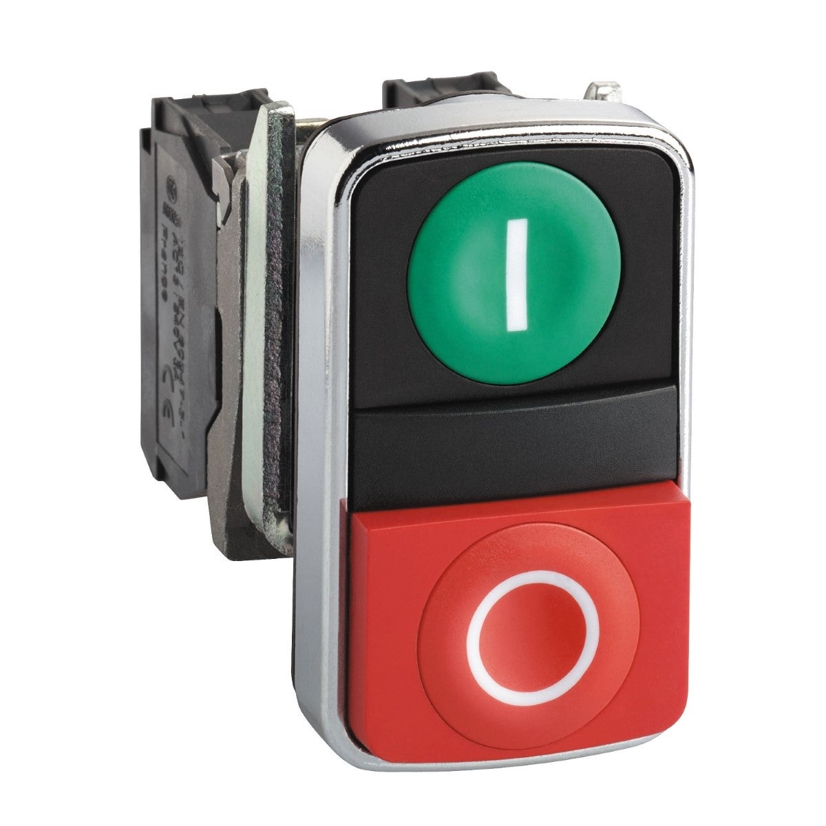Harmony XB4, Double-headed push button, metal, Ø22, 1 green flush marked I + 1 red projecting marked O, 1 NO + 1 NC