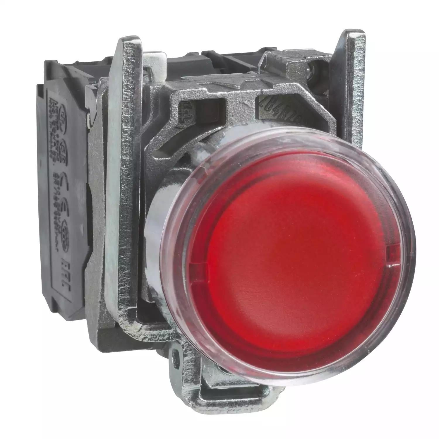 Harmony XB4, Illuminated push button, metal, flush, red, Ø22, spring return, 110...120 V AC, 1 NO + 1 NC