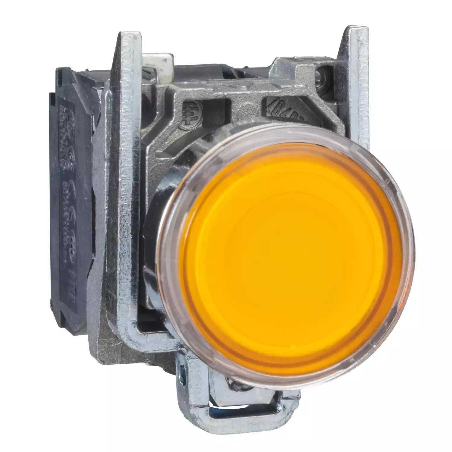 Harmony XB4, Illuminated push button, metal, flush, orange, Ø22, spring return, 1 NO + 1 NC 24 V AC/DC