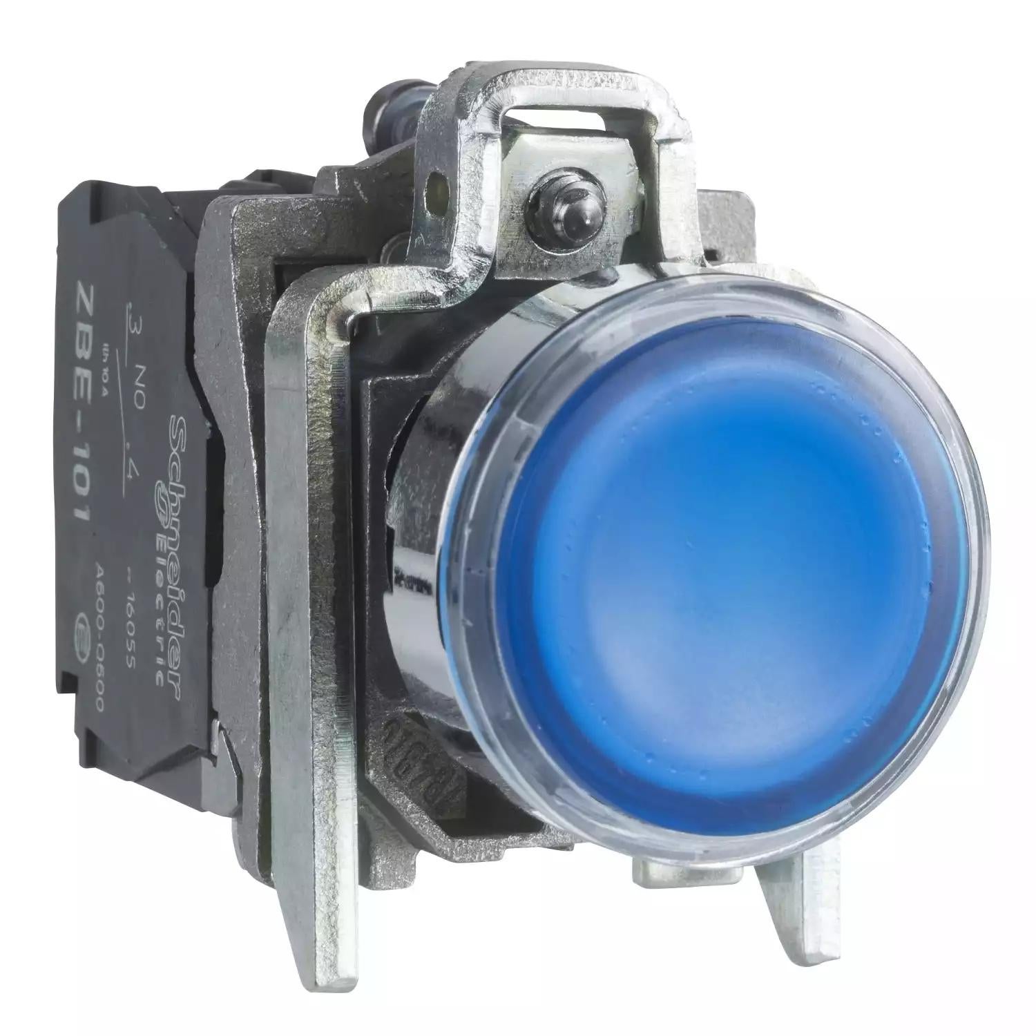 Harmony XB4, Illuminated push button, metal, flush, blue, Ø22, spring return, 230...240 V AC, 1 NO + 1 NC
