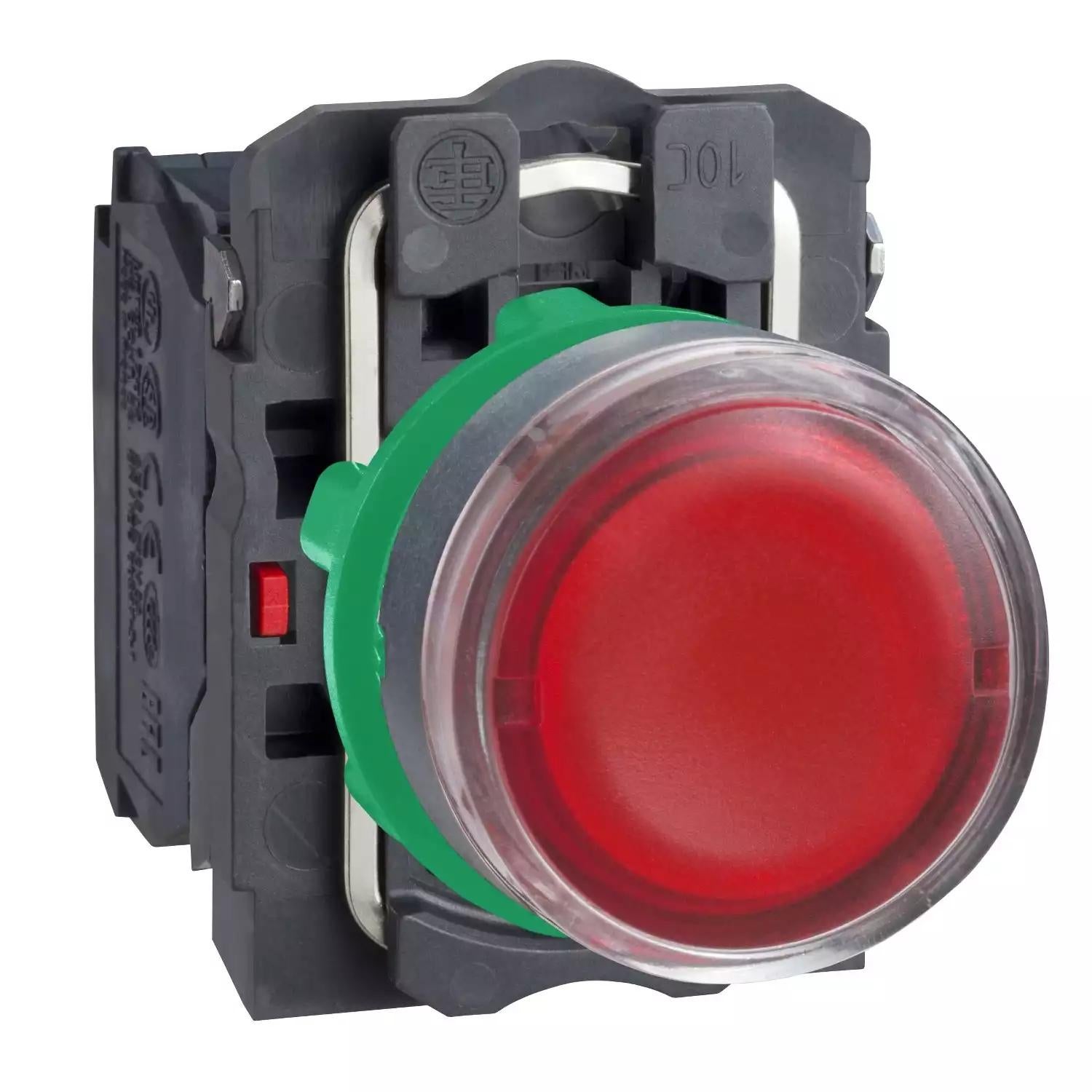 Harmony XB5, Illuminated push button, plastic, flush, red, Ø22, spring return, 230...240 V AC, 1 NO + 1 NC