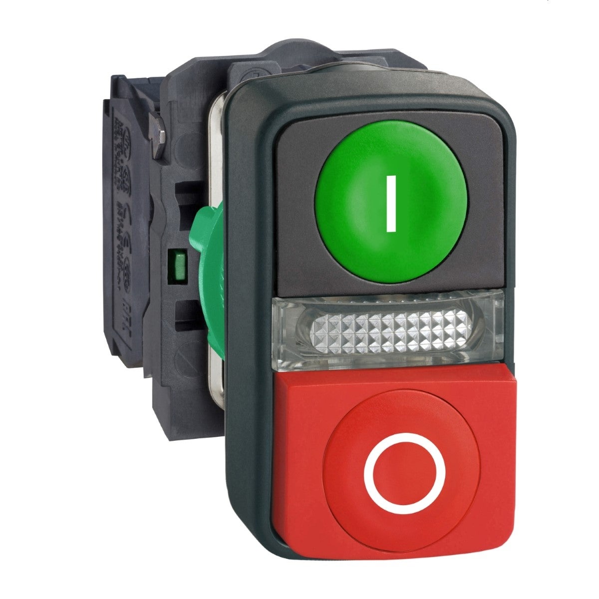 Harmony XB5, Illuminated double-headed push button, plastic, Ø22, 1 green flush I + 1 pilot light + 1 red projecting O, 1 NO + 1 NC