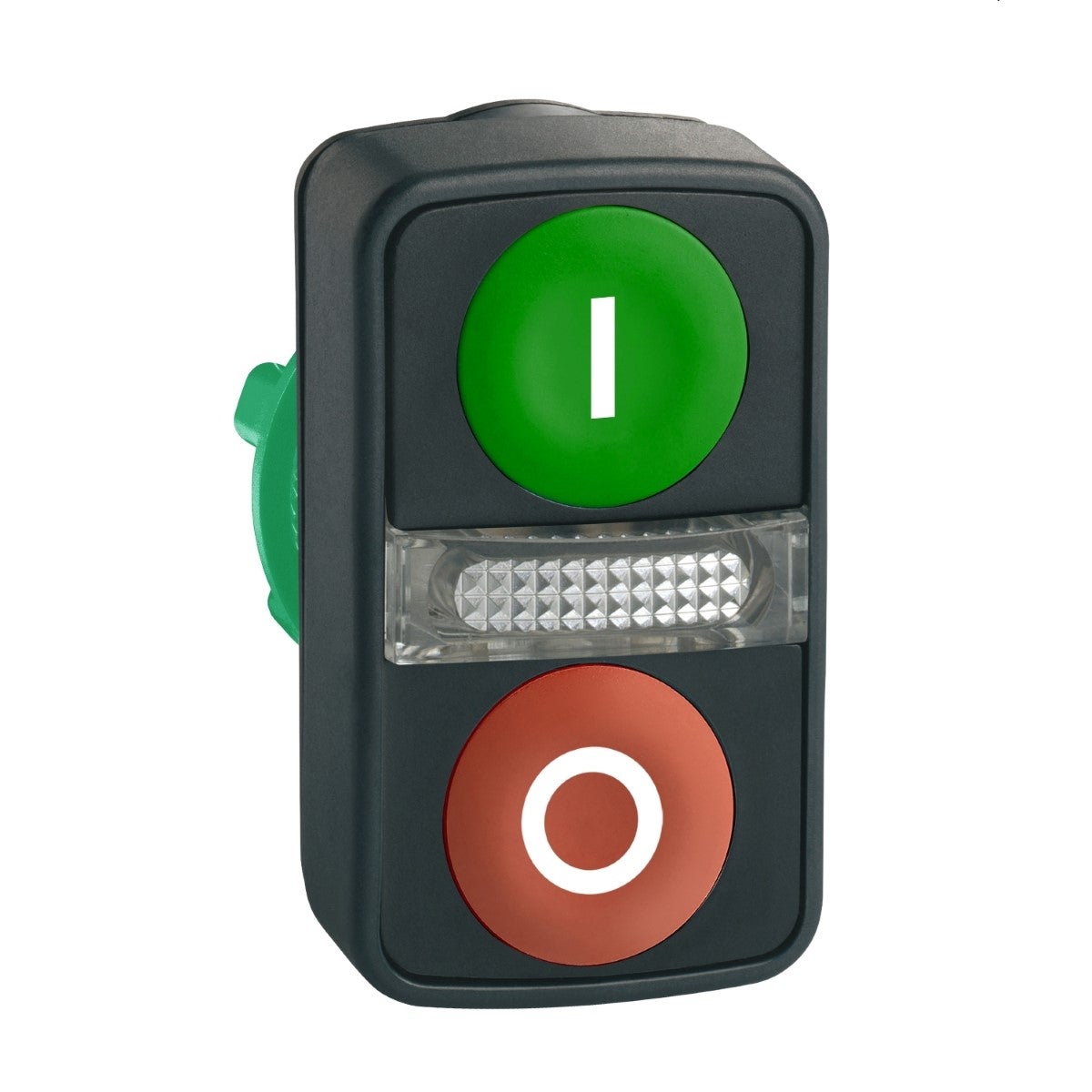 Harmony XB5, Illuminated double-headed push button head,plastic, Ø22, 1 green flush marked I + 1 pilot light + 1 red flush marked O