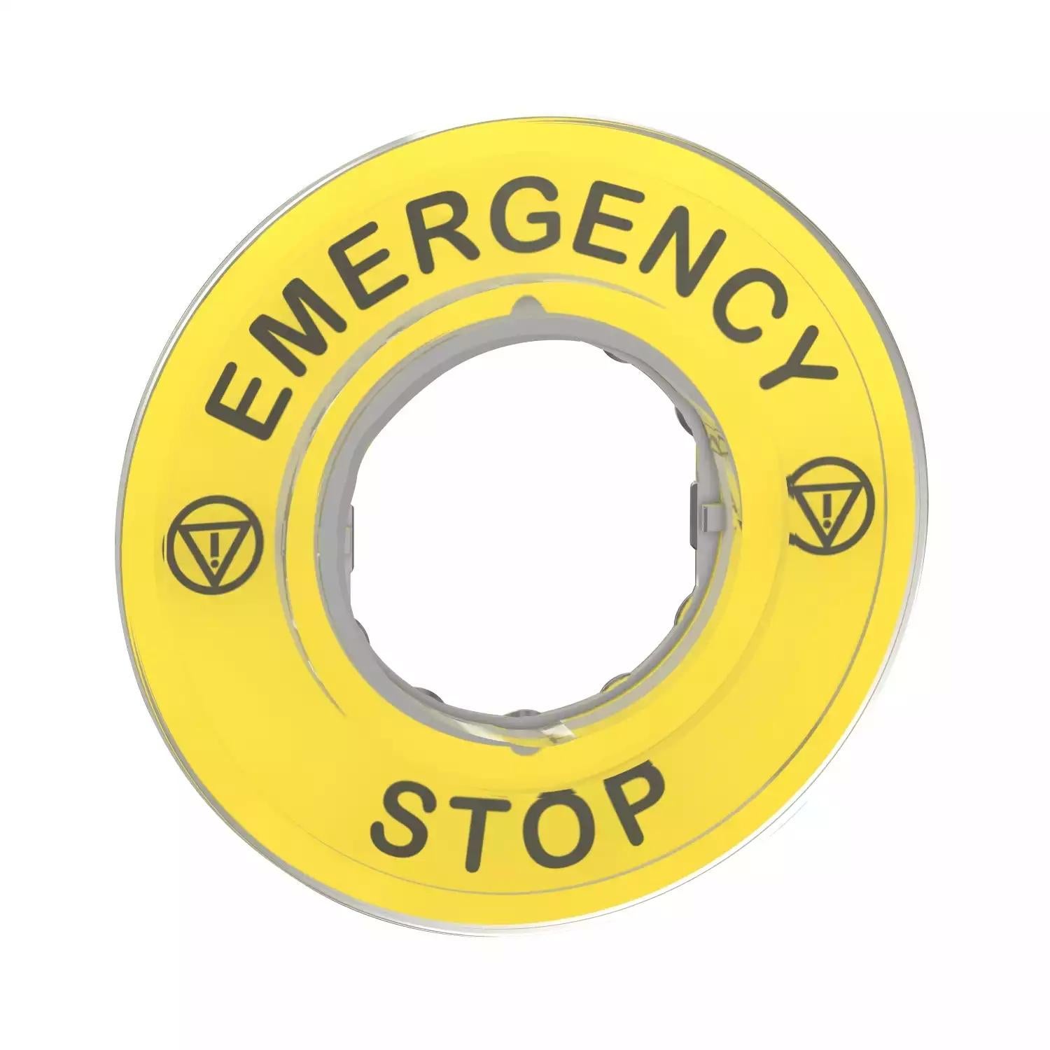 Harmony XB4, Legend holder Ø60 for emergency stop, plastic, yellow, marked EMERGENCY STOP